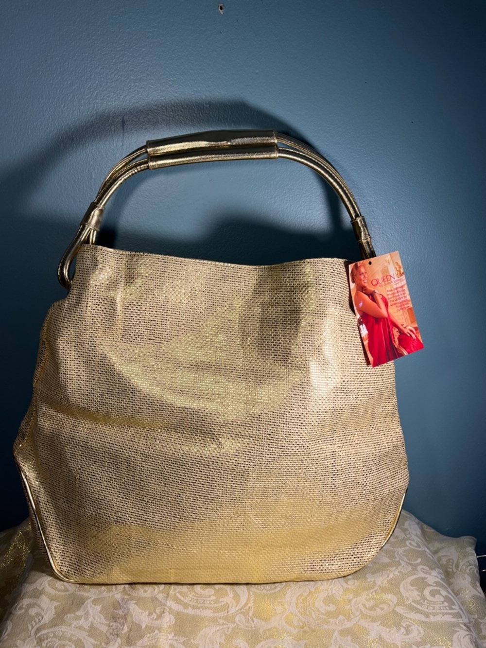 NWT!! Queen Latifah XL Woven Shiny Metallic Golden tote Bag